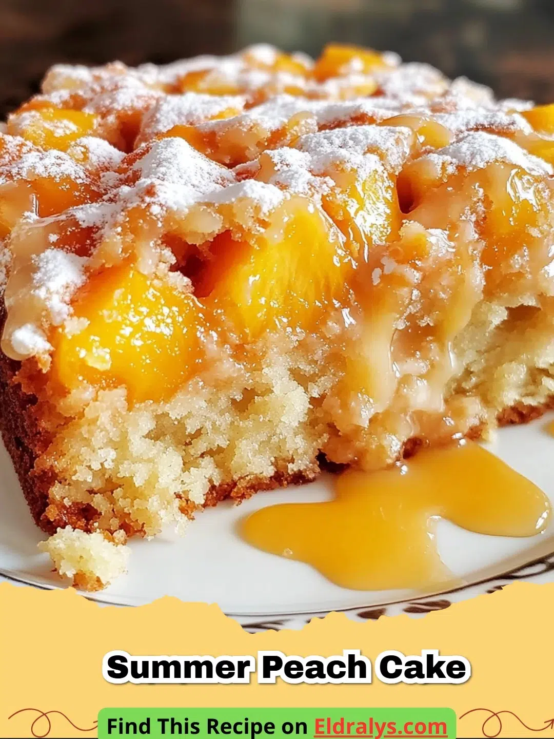A golden Summer Peach Cake topped with fresh peach slices and a light dusting of sugar.