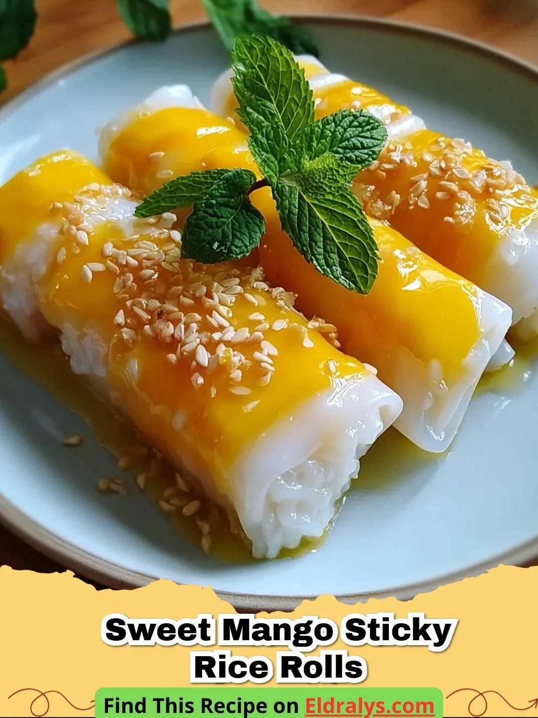 Beautifully plated Sweet Mango Sticky Rice Rolls with a coconut sauce drizzle and sesame seeds.