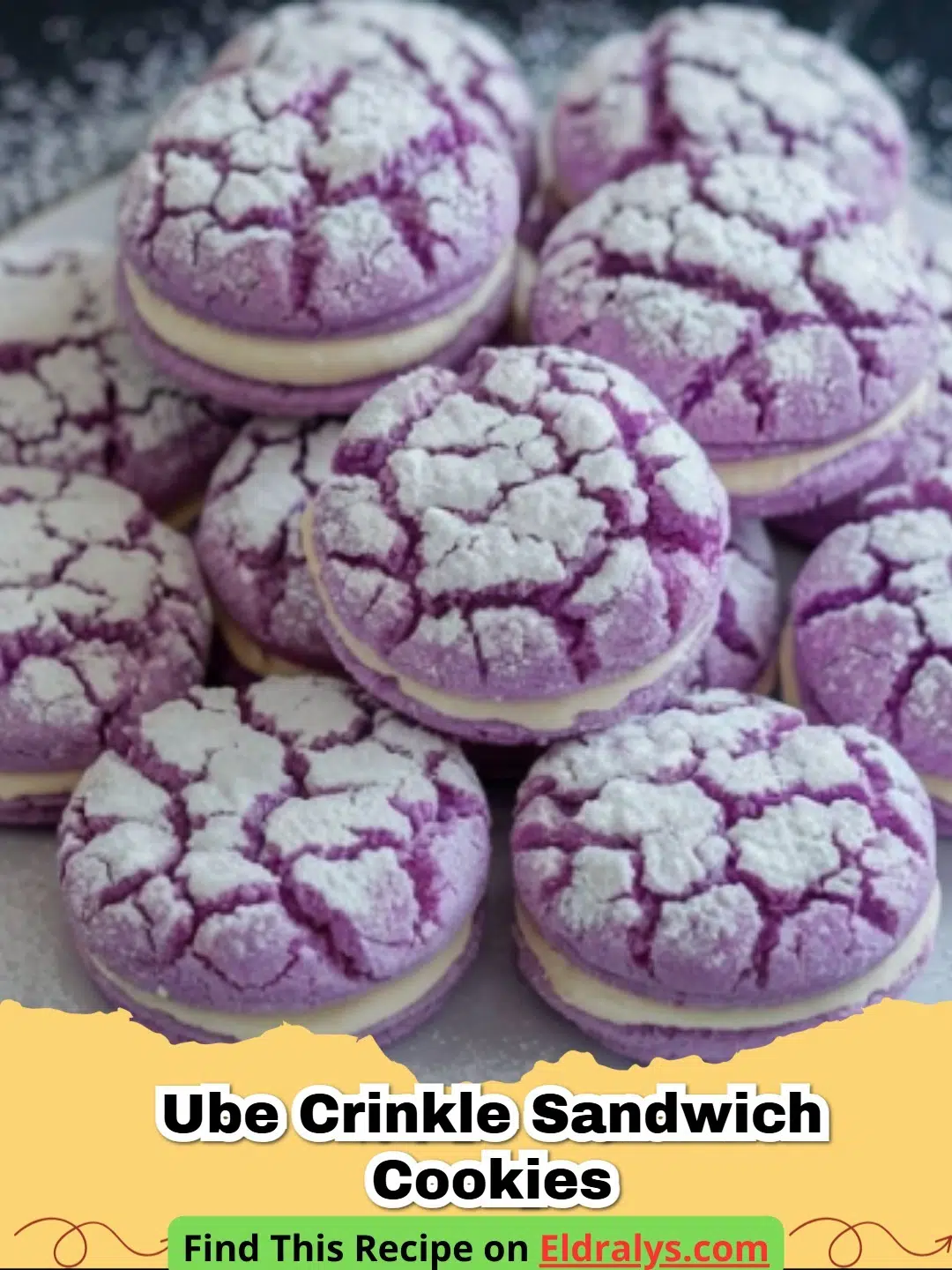 A plate of vibrant purple Ube Crinkle Sandwich Cookies dusted with white sugar.