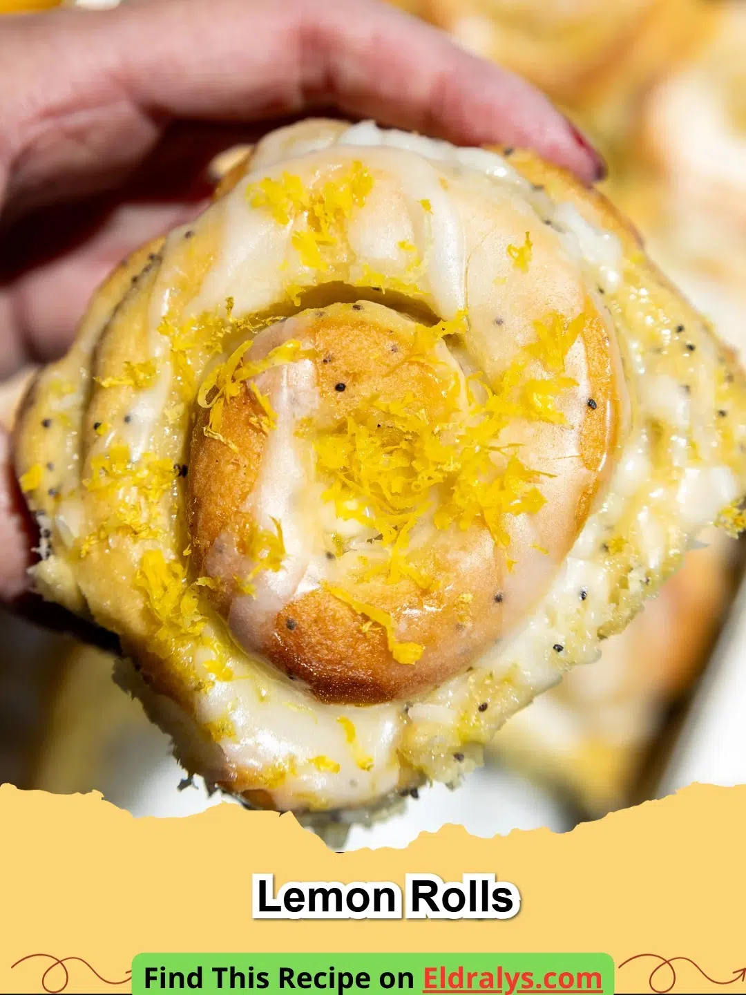 A tray of golden Lemon Rolls with dripping cream cheese glaze and fresh zest.