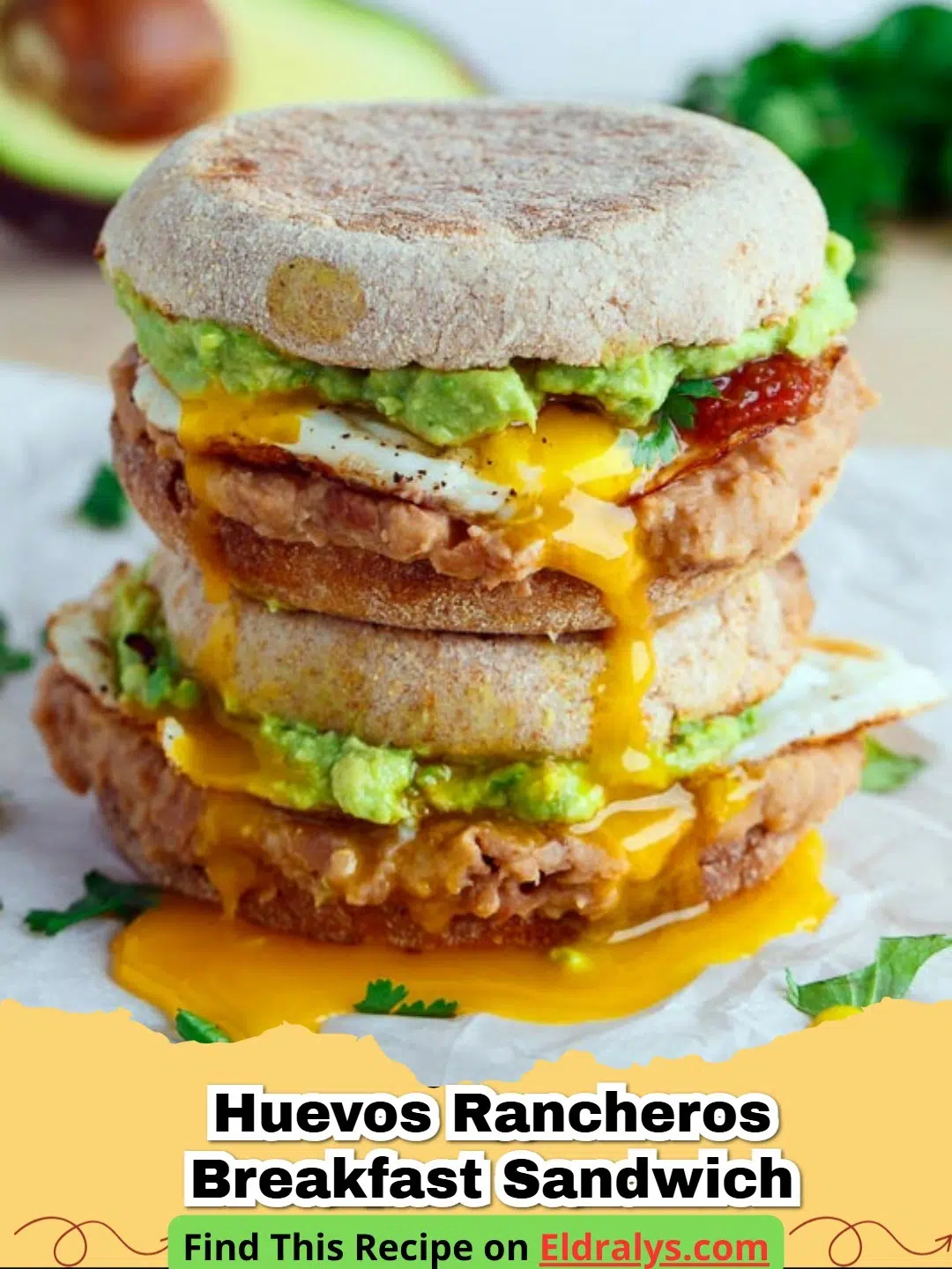 A close up of a Huevos rancheros breakfast sandwich with a runny egg and avocado.
