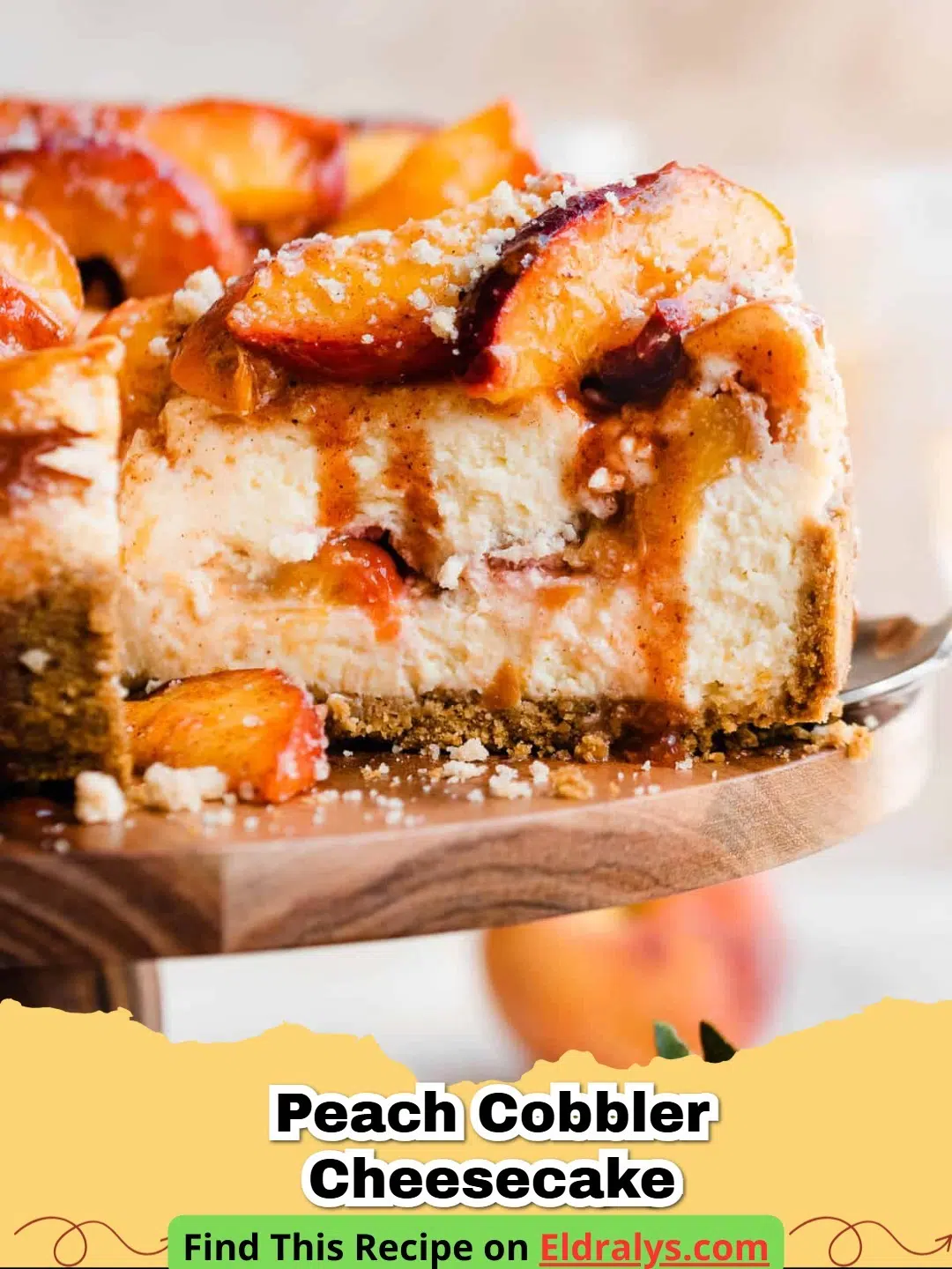 A thick slice of peach cobbler cheesecake with spiced peaches and crumble topping on a white plate.