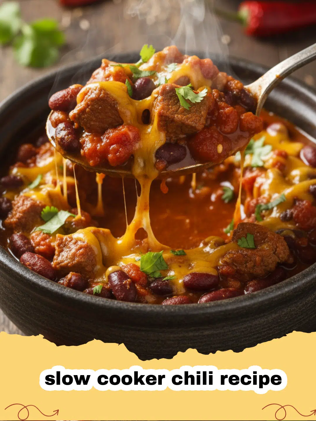 slow cooker chili recipe - A close-up shot of a steaming bowl of hearty slow cooker chili, garnished with shredded cheese and fresh green onions.