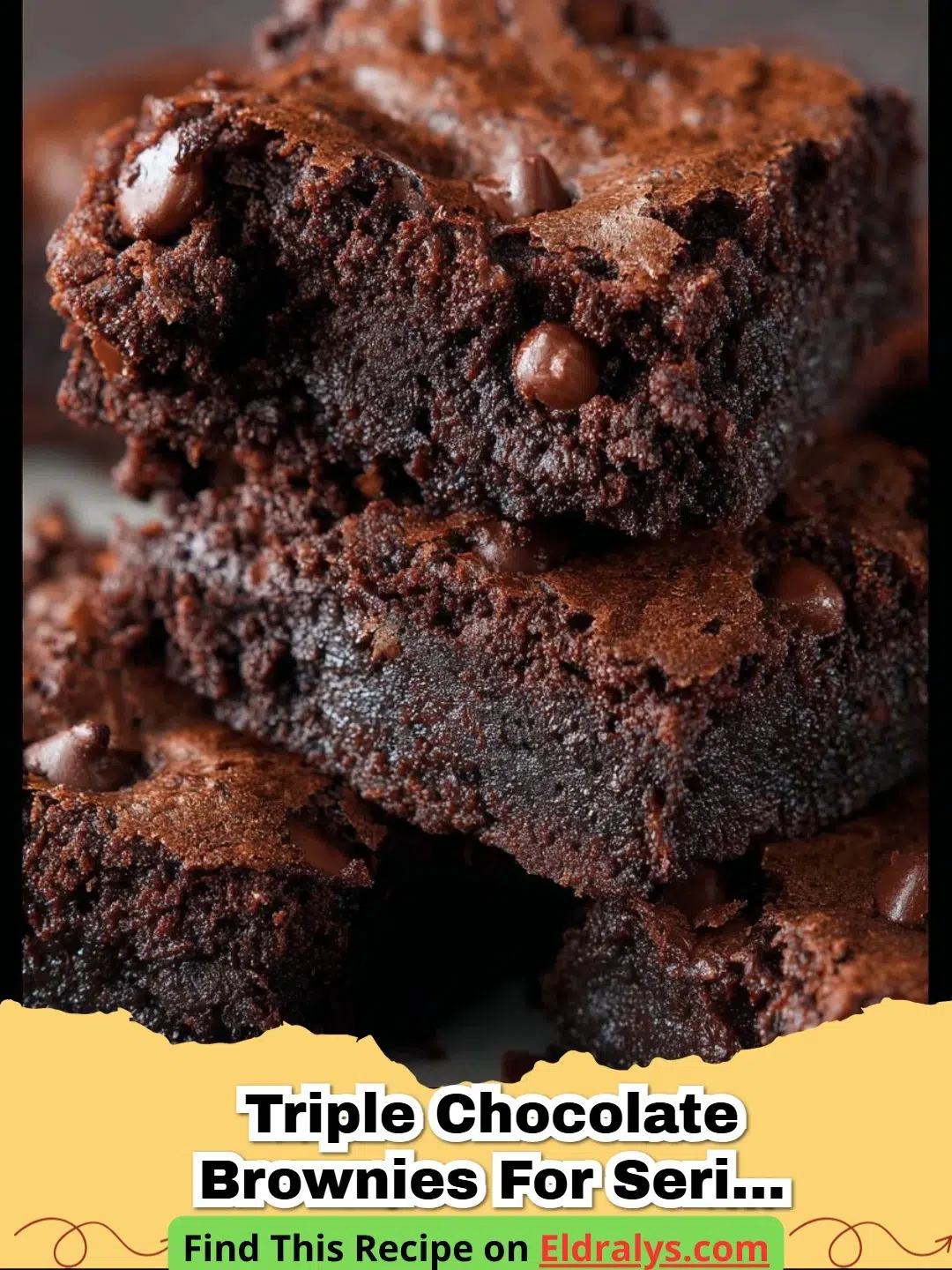 Close-up of fudgy Triple Chocolate Brownies For Serious Chocolate Lovers with a crackly top.
