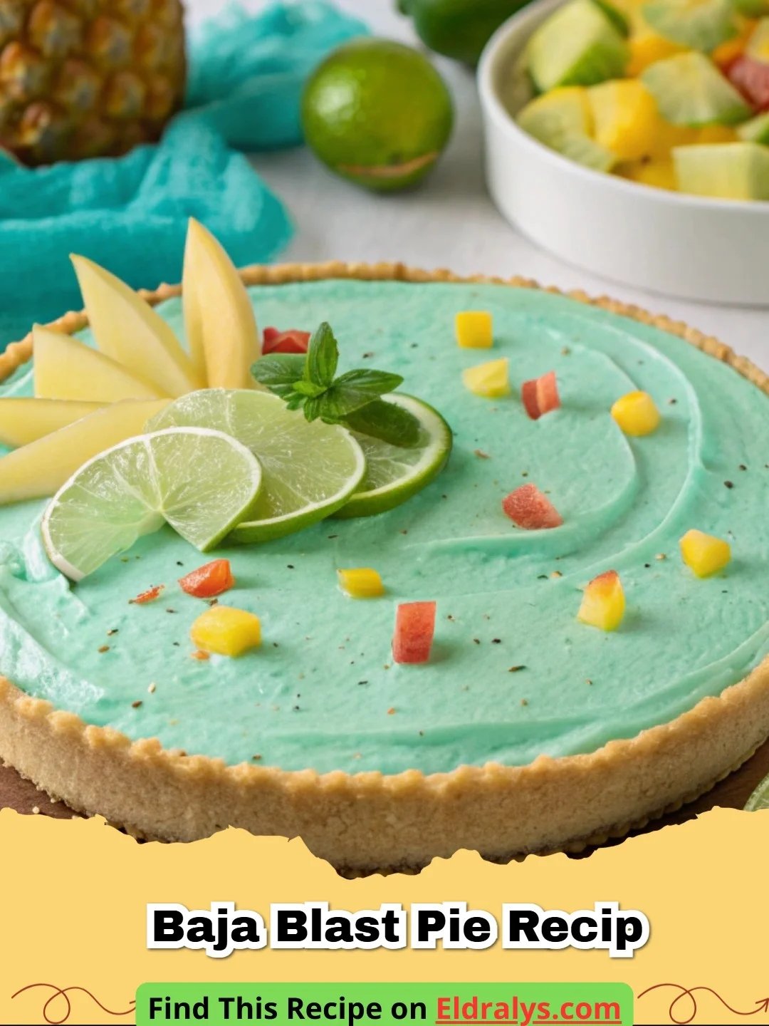 Baja Blast Pie Recip - A bright teal Baja Blast Pie sliced on a plate with lime garnish