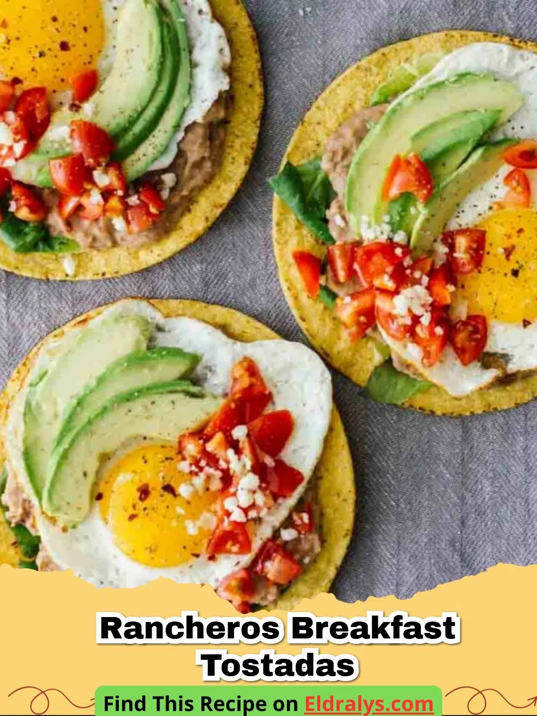A close-up of Rancheros Breakfast Tostadas with runny egg yolks and fresh avocado