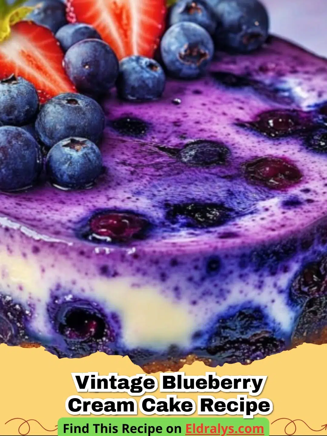 A close up of a slice of Vintage Blueberry Cream Cake Recipe showing moist crumb and blue berries.