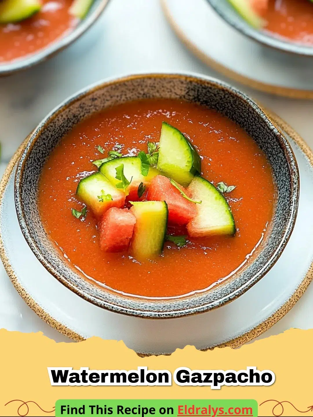 A bowl of vibrant red Watermelon Gazpacho garnished with mint and cucumber