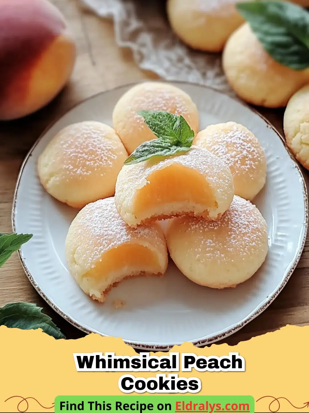 A tray of sugar-coated Whimsical Peach Cookies with mint leaves