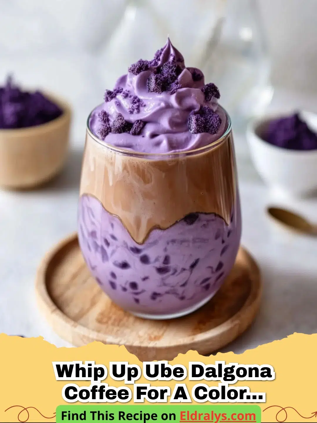Whip Up Ube Dalgona Coffee for a Colorful Morning Boost - A glass of Ube Dalgona Coffee with thick purple foam and ice