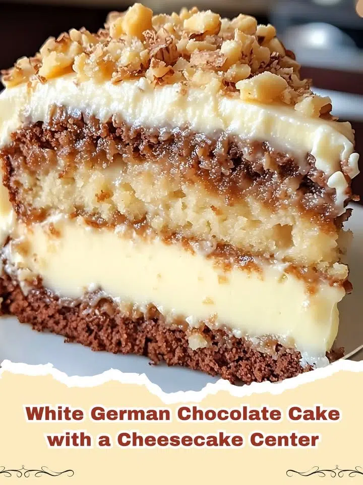 A tall slice of White German Chocolate Cake with a Cheesecake Center showing the creamy middle layer and textured frosting.