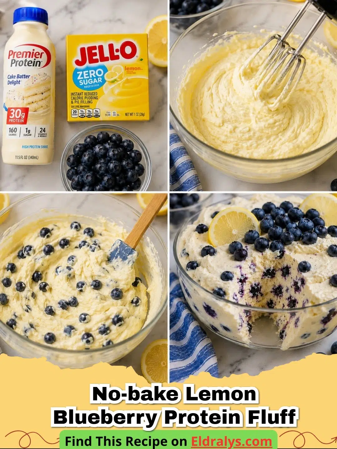 3-Ingredient Lemon Blueberry Protein Fluff in a large bowl with fresh berries on top
