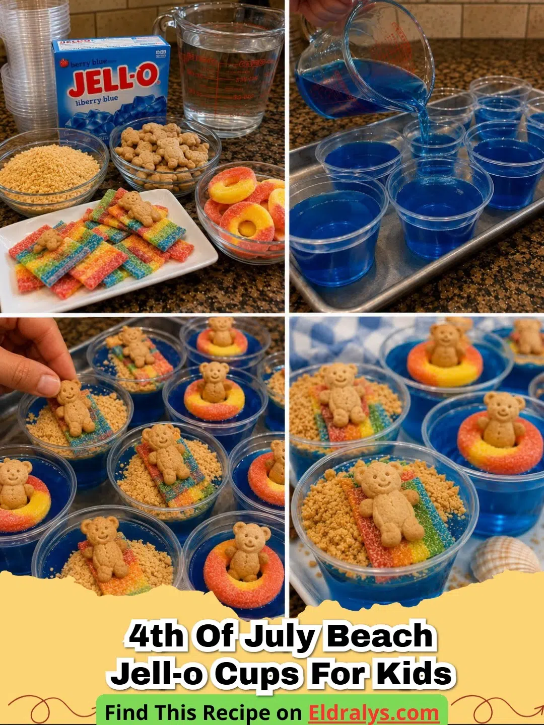 A close up of 4th of July Beach Jello Cups for Kids showing blue gelatin and sandy toppings.