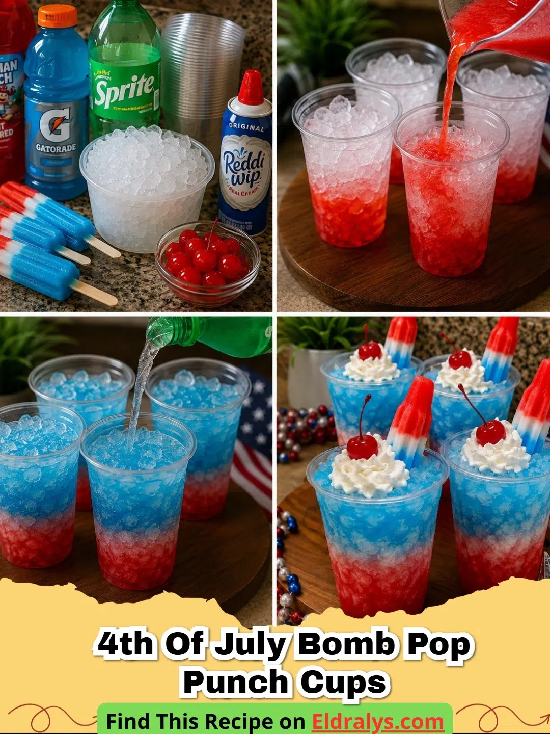 A close up of 4TH OF JULY BOMB POP PUNCH CUPS showing red, white, and blue layers.