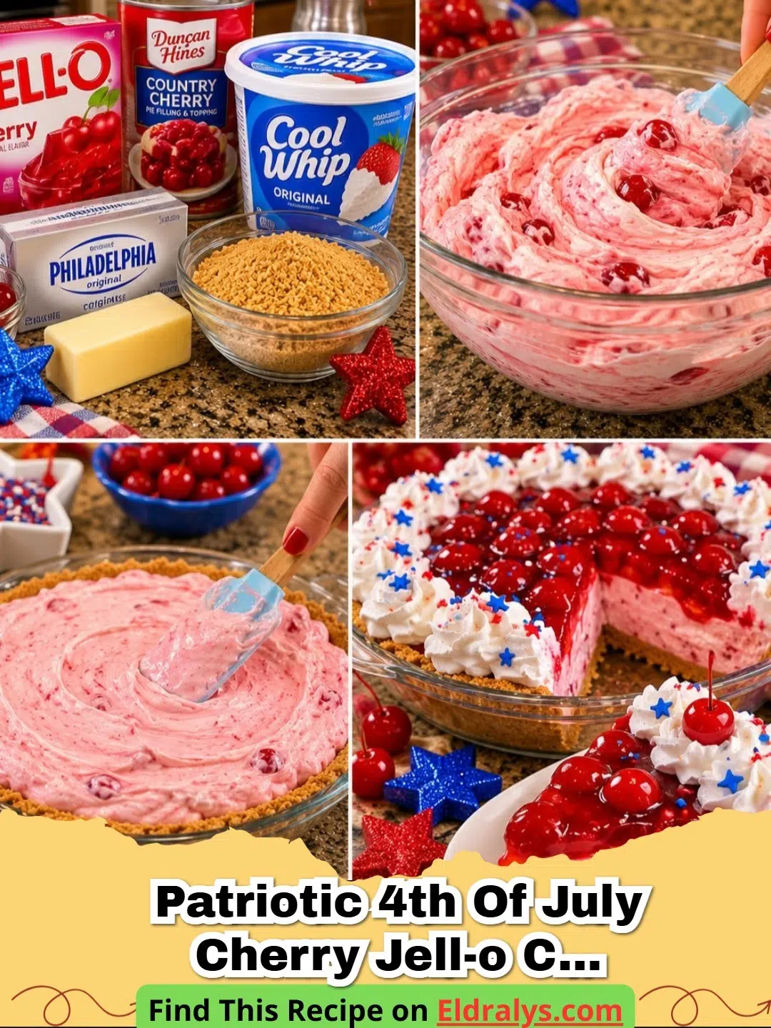 A Patriotic 4th of July Cherry Jell-O Cool Whip Pie with blueberries and stars on top.