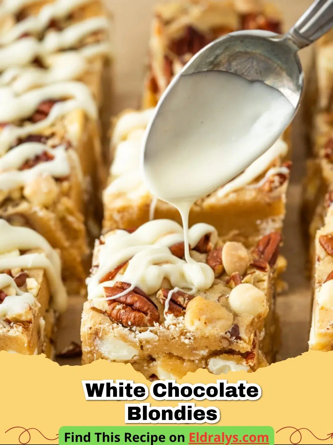 A stack of chewy White Chocolate Blondies showing melted chocolate chunks.