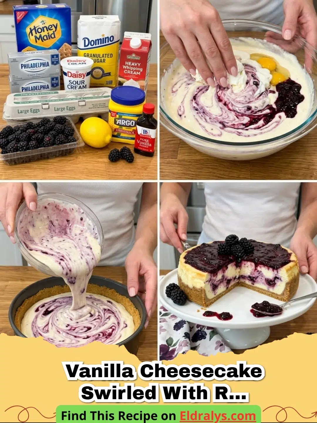 Blackberry Swirl Cheesecake Recipe - A close up of a slice of Blackberry Swirl Cheesecake showing the deep purple swirls.