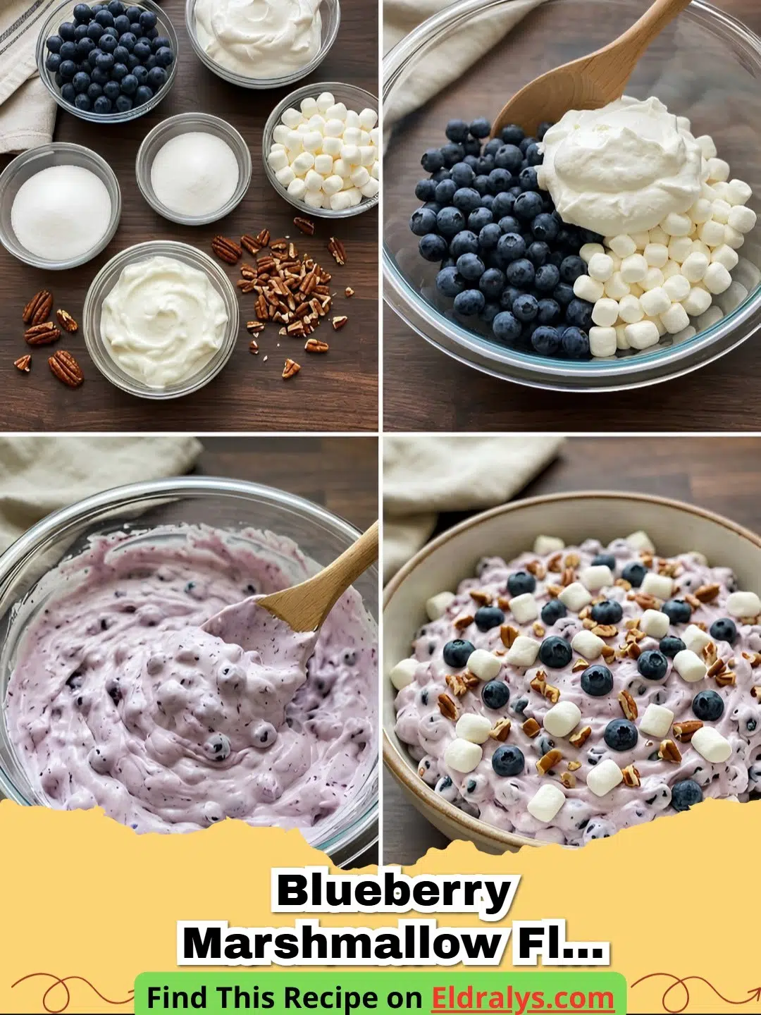 A close up shot of Blueberry Marshmallow Fluff Salad in a glass bowl