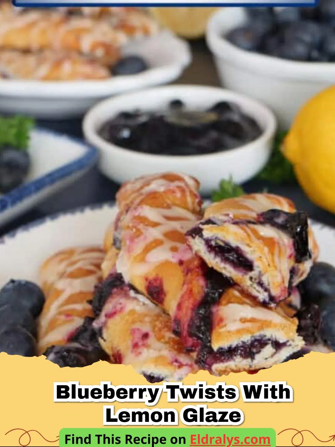 Golden-brown Blueberry Twists with Lemon Glaze on a white plate