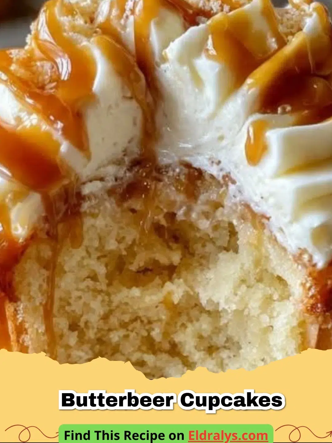 Decadent Butterbeer Cupcakes with marshmallow frosting and caramel drizzle