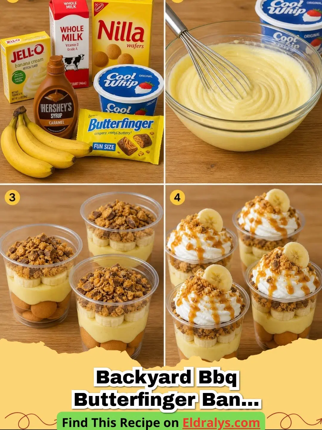 Close up of Butterfinger Banana Pudding Cups with caramel drizzle