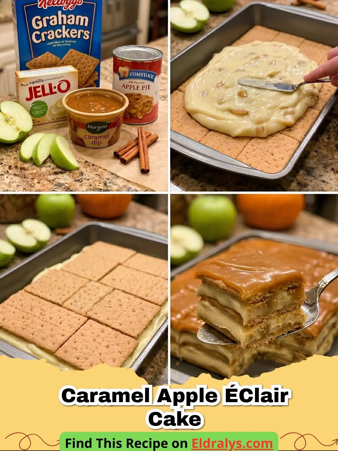 A close up shot of a slice of Caramel Apple Éclair Cake showing the distinct layers of crackers and cream.