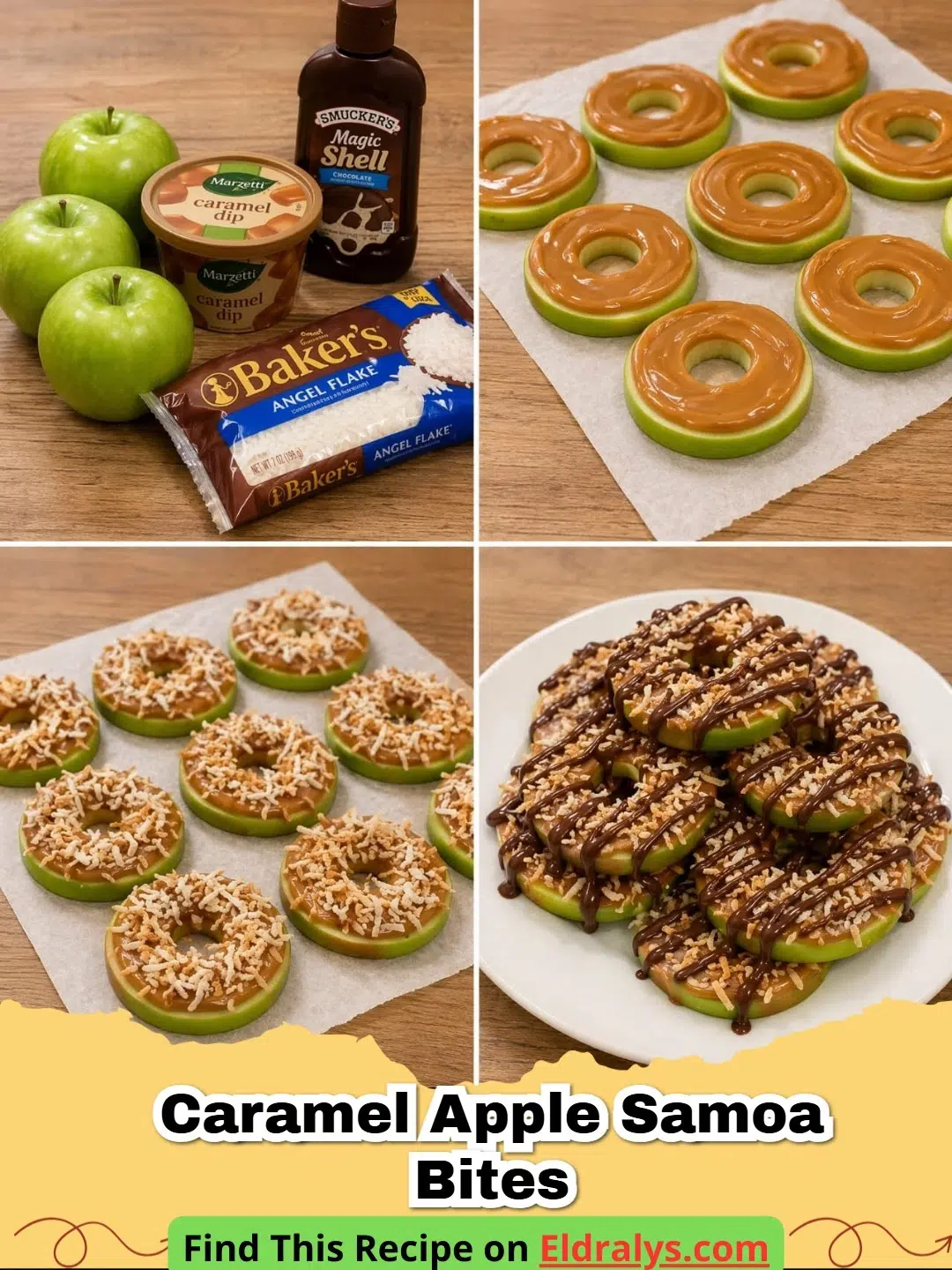 A close up view of several Caramel Apple Samoa Rings topped with toasted coconut and chocolate drizzle