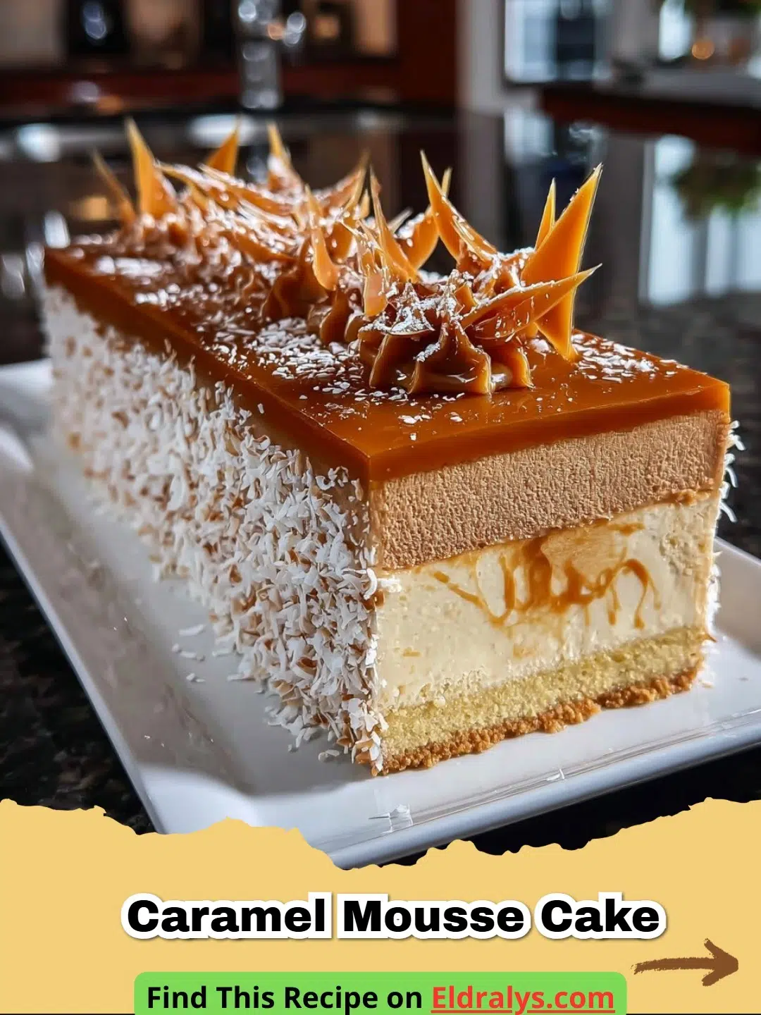 A beautiful slice of Caramel Mousse Cake with dripping salted caramel sauce.
