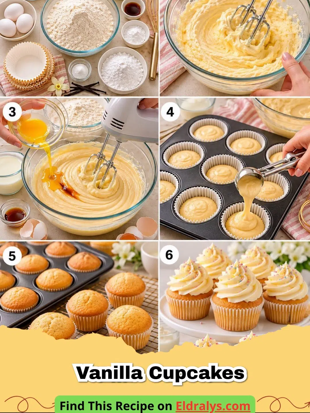 A close up of Classic Vanilla Cupcakes with Vanilla Buttercream Frosting with a smooth swirl of icing.