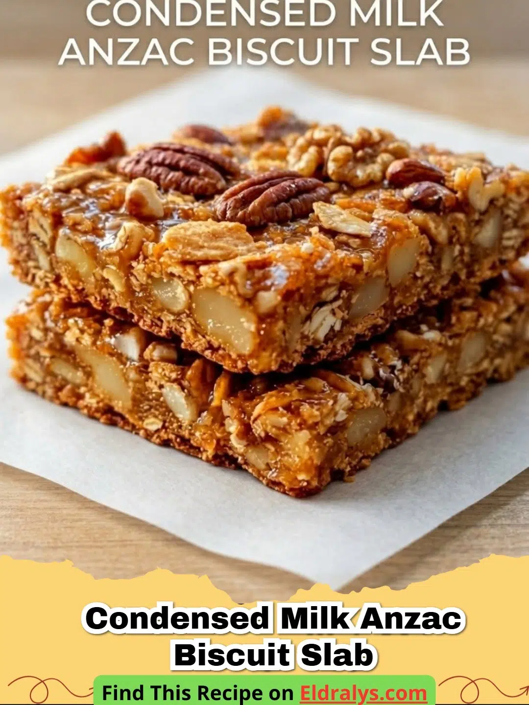 Golden brown Condensed Milk ANZAC Biscuit Slab cut into squares on parchment paper.