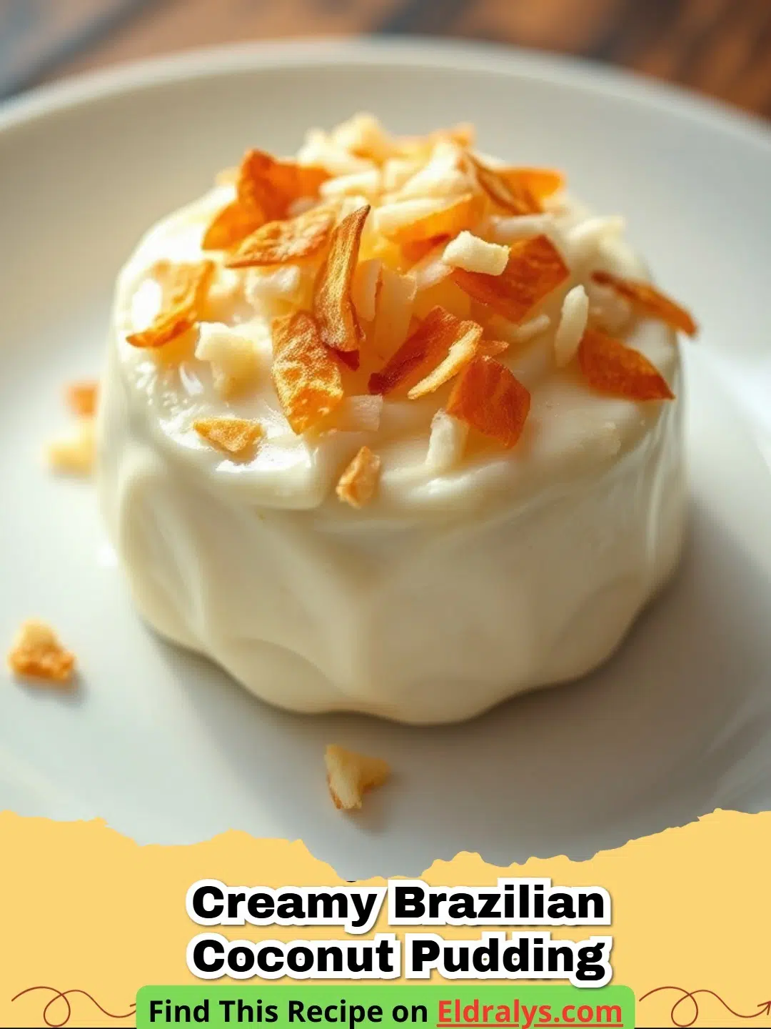 A smooth and white Creamy Brazilian Coconut Pudding on a plate with purple plum syrup.