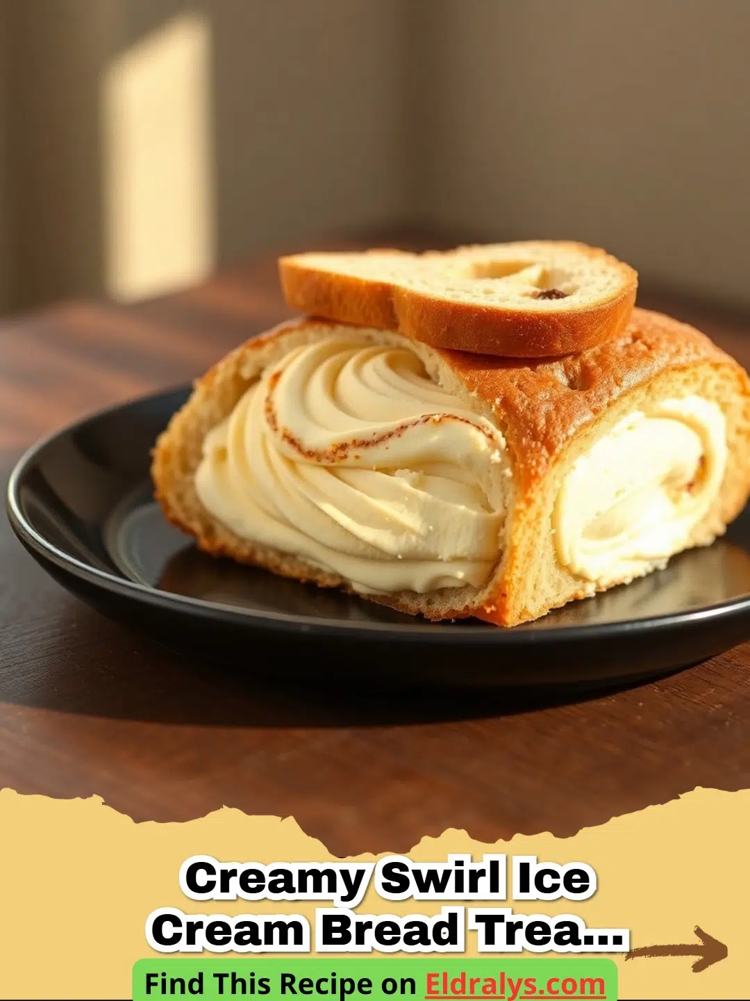 Slices of Creamy Swirl Ice Cream Bread Treat – Better Than Takeout on a wooden board.