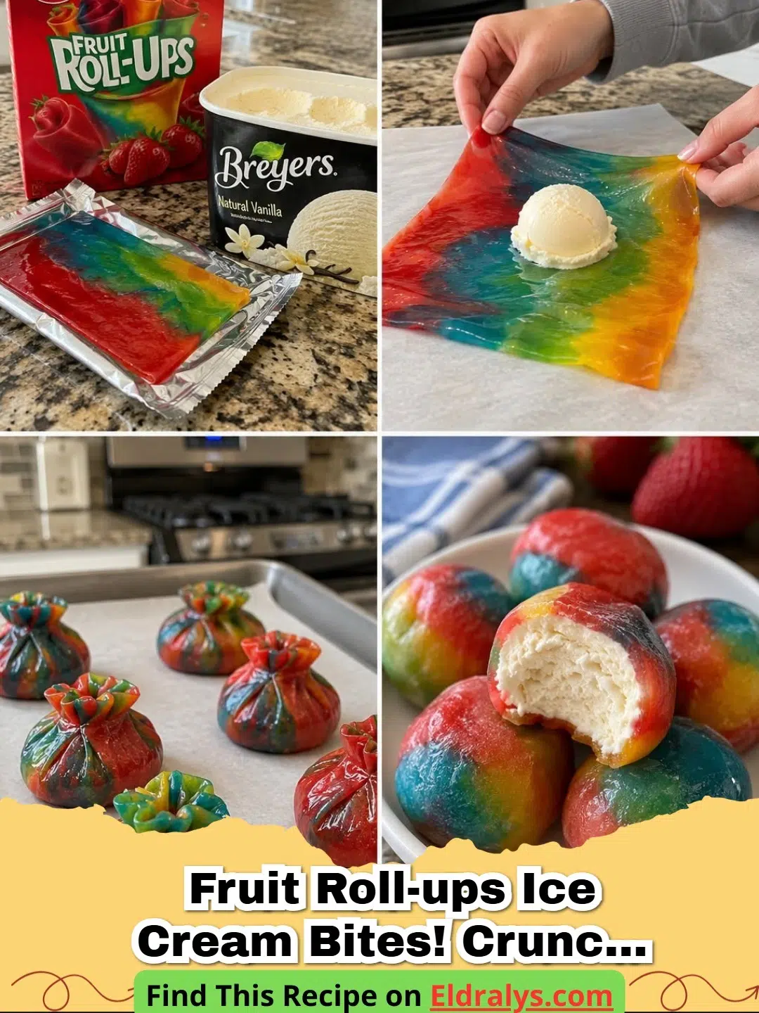 Close up of a hand holding a FRUIT ROLL-UPS ICE CREAM BITES! CRUNCHY, COLD showing the shattered colorful shell.