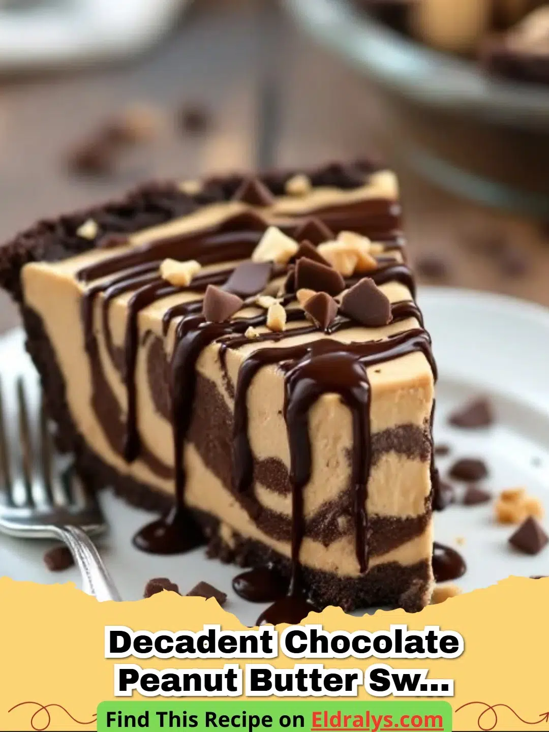A slice of Decadent Chocolate Peanut Butter Swirl Pie on a white plate with chocolate drizzle.