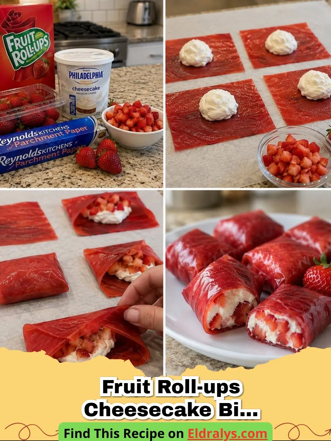 Easy 3-Ingredient Fruit Roll-Up Cheesecake Bites arranged on a white plate with fresh strawberries.