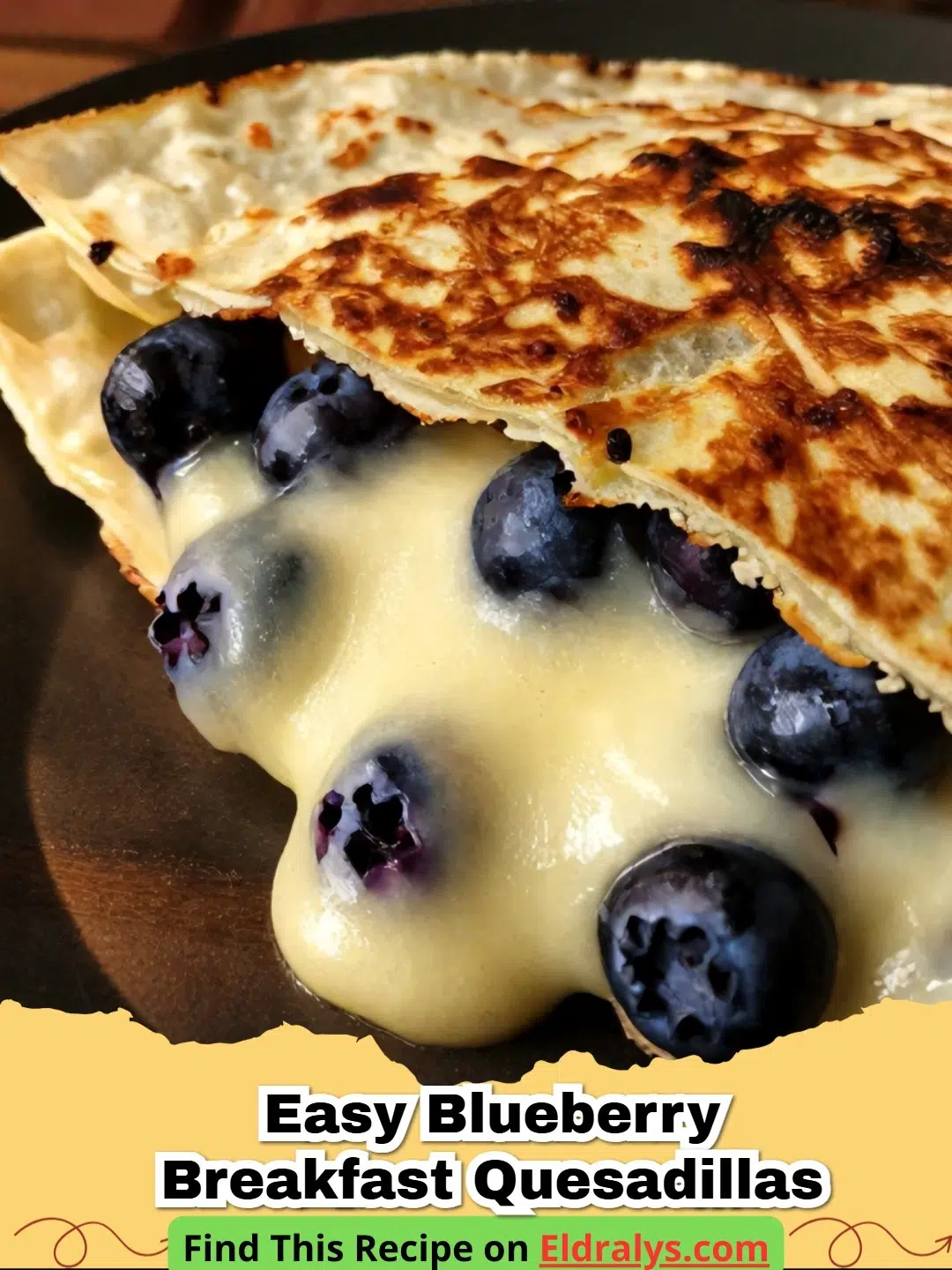 Golden brown Easy Blueberry Breakfast Quesadillas with melted cream cheese and fresh berries
