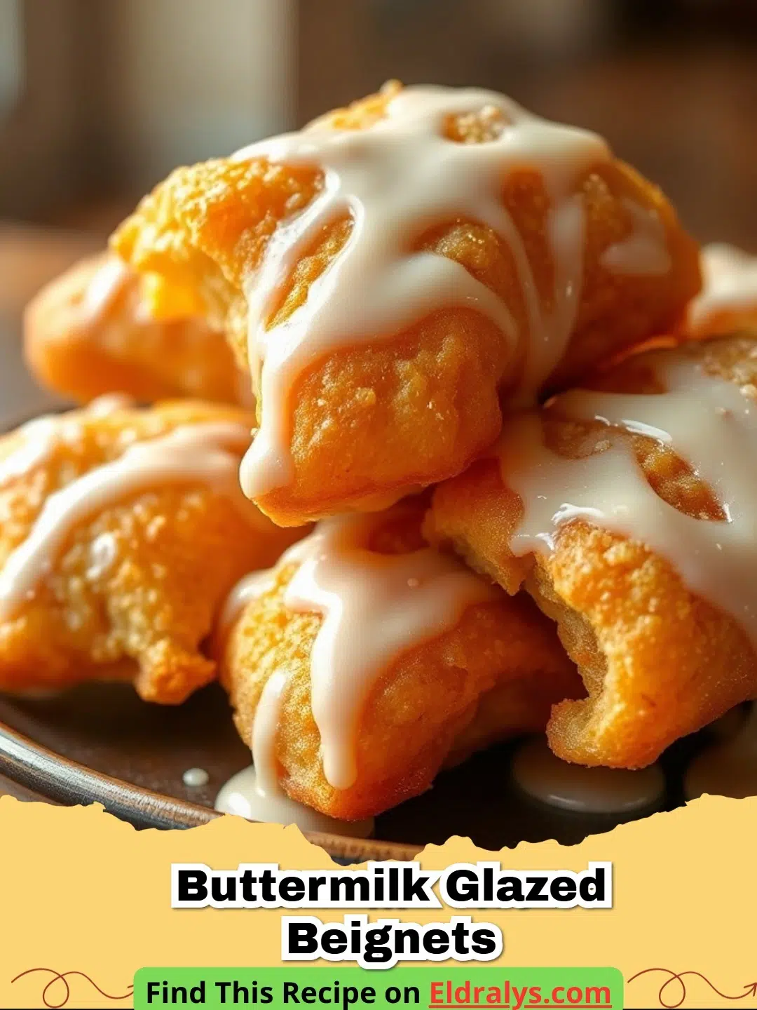 Pile of fluffy Easy Buttermilk Glazed Beignets on a wire rack