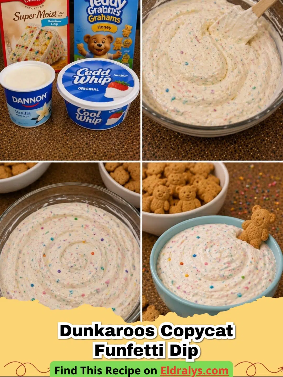 A bowl of Easy Dunkaroo Dip (Funfetti Cake Batter Dip) surrounded by Teddy Graham cookies.