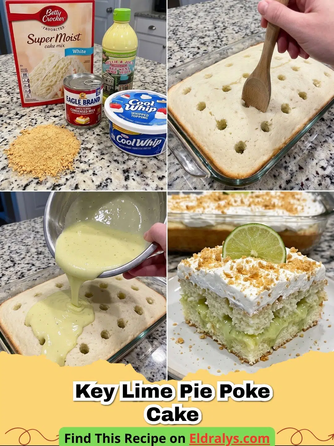 A slice of Easy Key Lime Pie Poke Cake topped with graham cracker crumbs and a lime wedge.