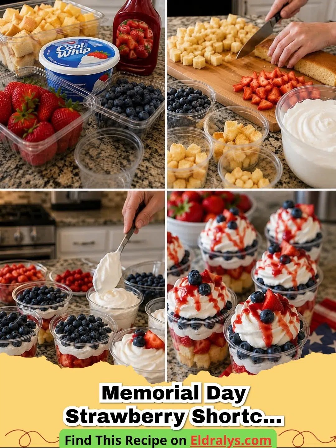 Easy Memorial Day Strawberry Shortcake Cups layered in clear glass