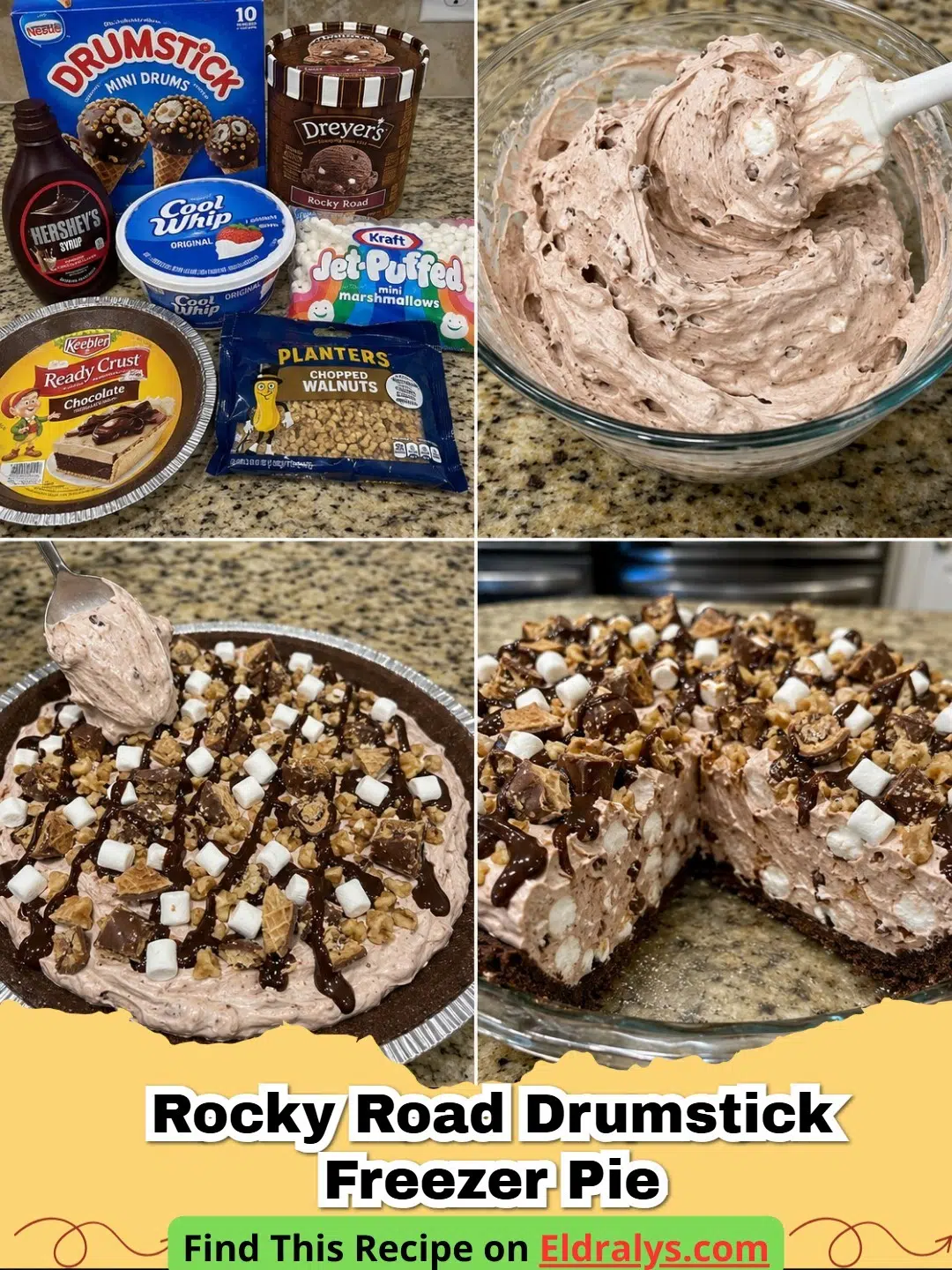 A delicious slice of Easy Rocky Road Ice Cream Pie with marshmallows and chocolate drizzle.