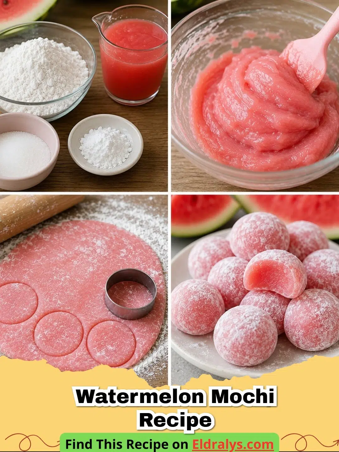 Vibrant pink pieces of mochi made using a Watermelon Mochi Recipe on a white plate.