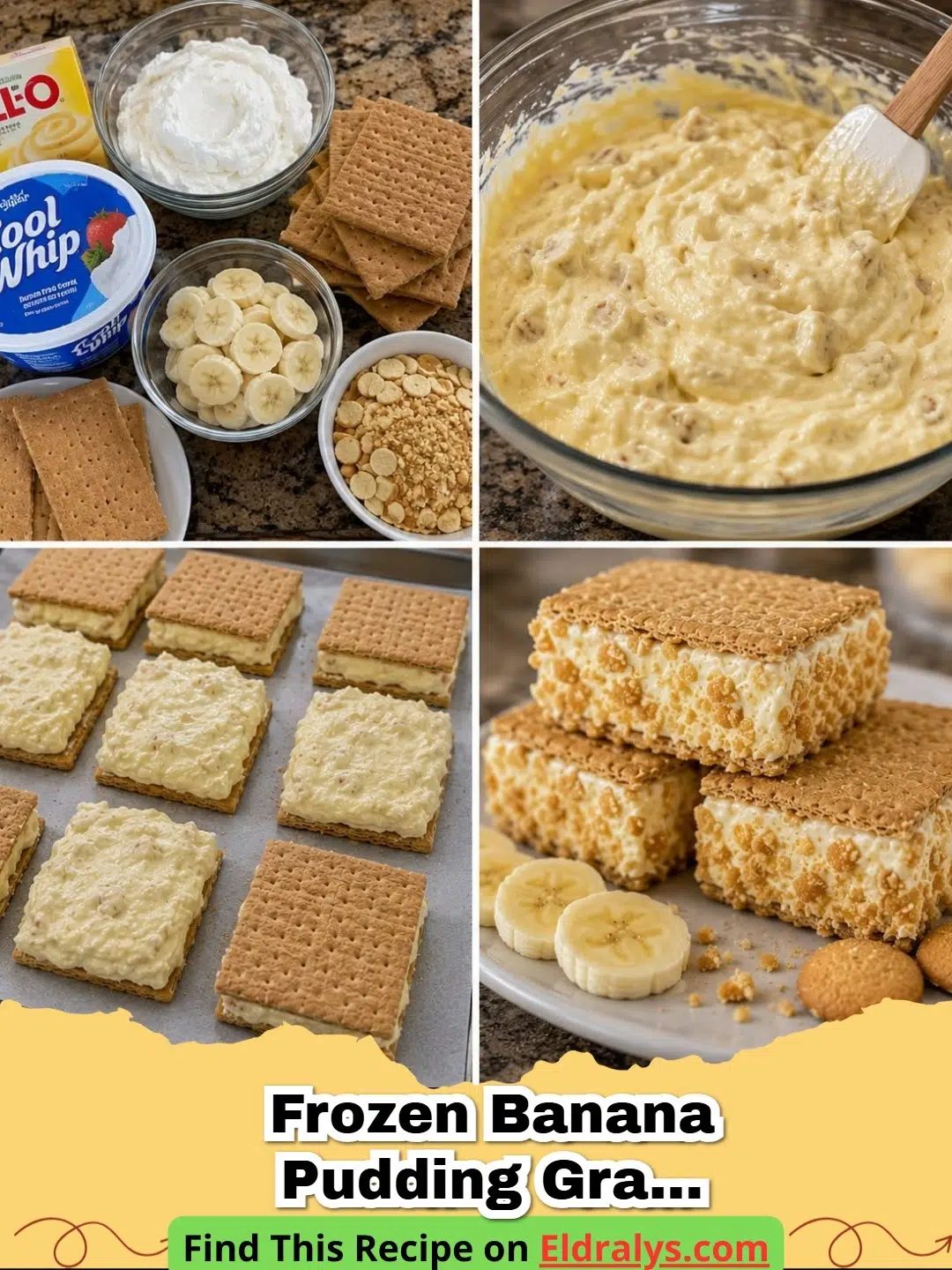 Close up of Frozen Banana Pudding Graham Cracker Sandwiches stacked on a plate