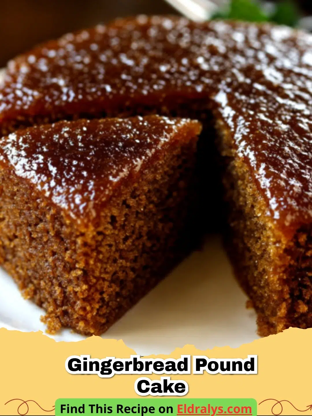 Gingerbread Pound Cake Recipe - A thick slice of Gingerbread Pound Cake topped with a light glaze on a festive plate.