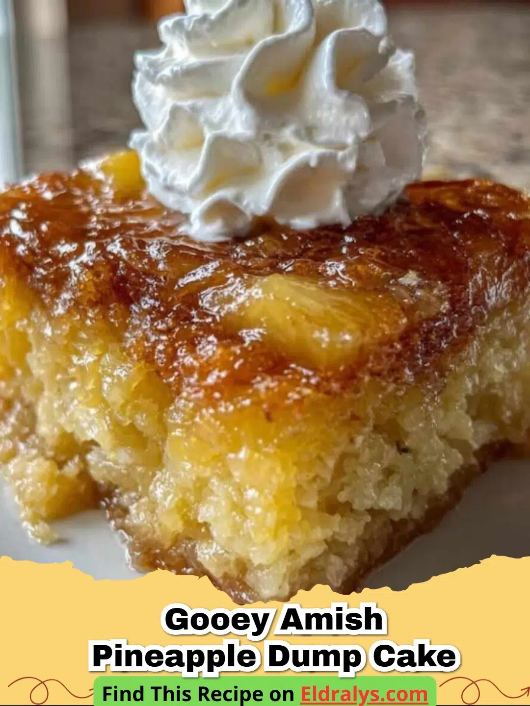 A serving of Gooey Amish Pineapple Dump Cake on a white plate with a scoop of vanilla ice cream.