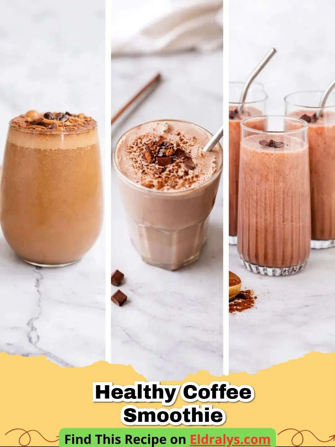 A creamy Healthy Coffee Smoothie in a glass jar topped with coffee beans