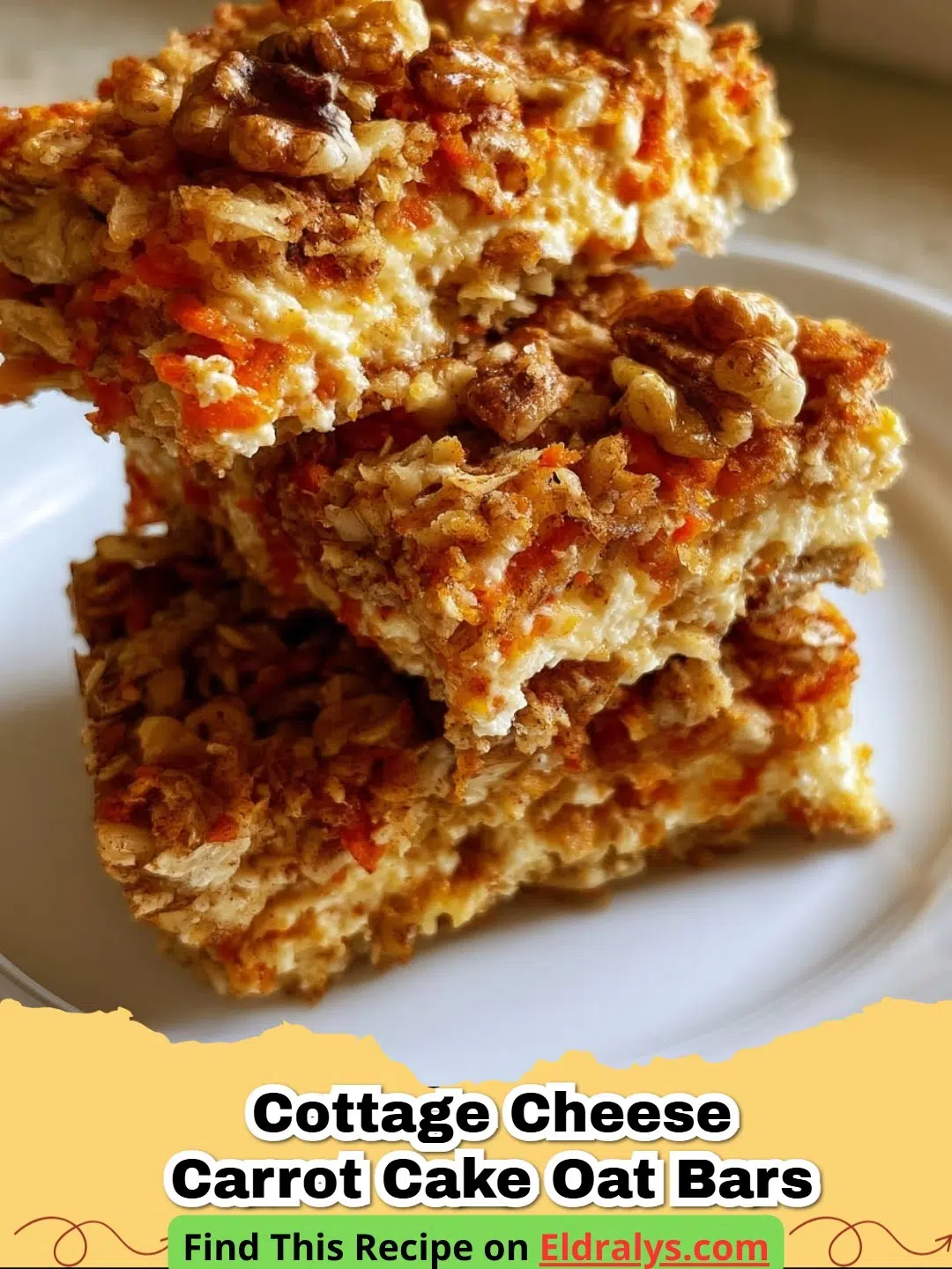 Close up of Healthy Cottage Cheese Carrot Cake Oat Bars on a wooden board