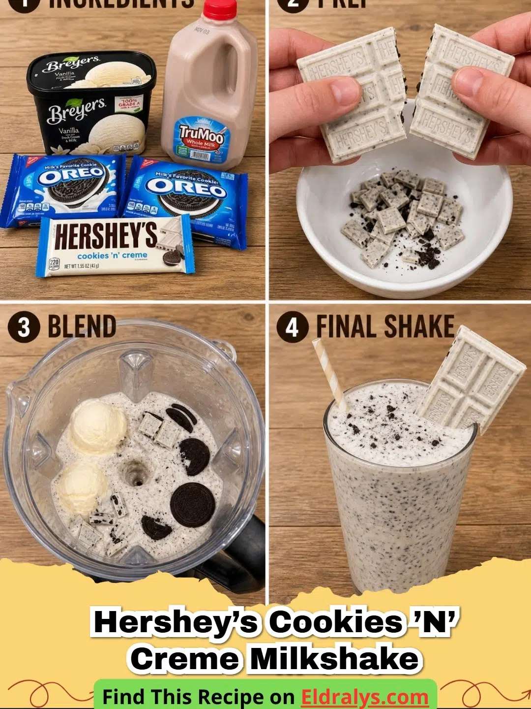 Hershey’s Cookies ’n’ Creme Milkshake Recipe - A thick Hershey’s Cookies ’n’ Creme Milkshake in a tall glass with Oreo crumbles on top.