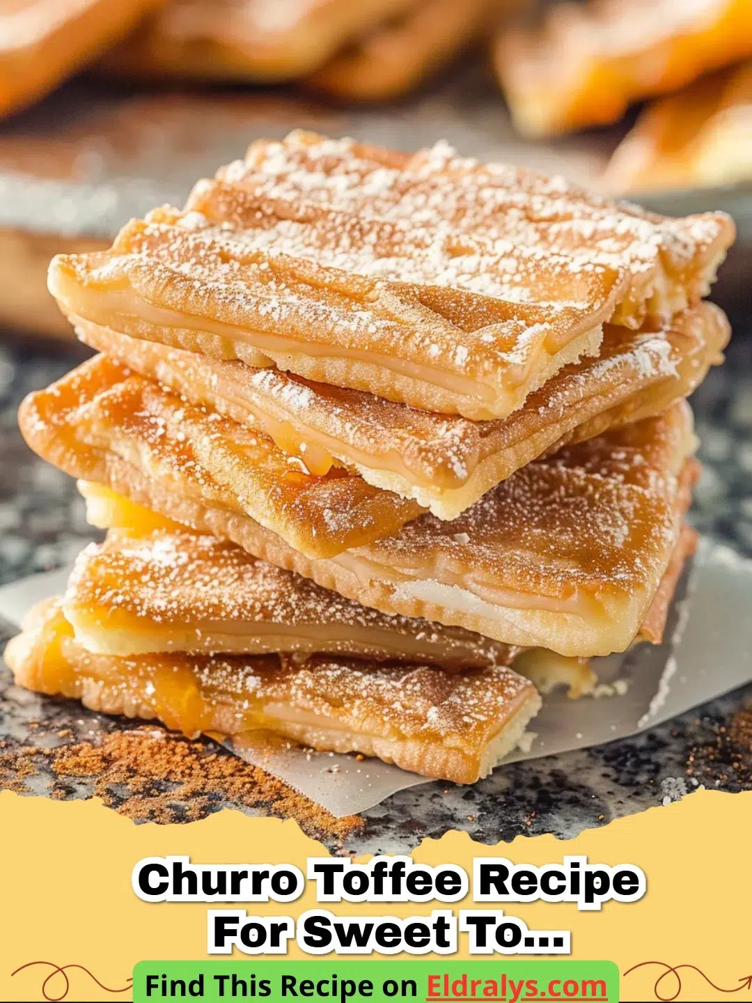 Churro Toffee Recipe for Sweet Tooth Cravings - Close-up of golden Churro Toffee pieces coated in white chocolate and cinnamon sugar.