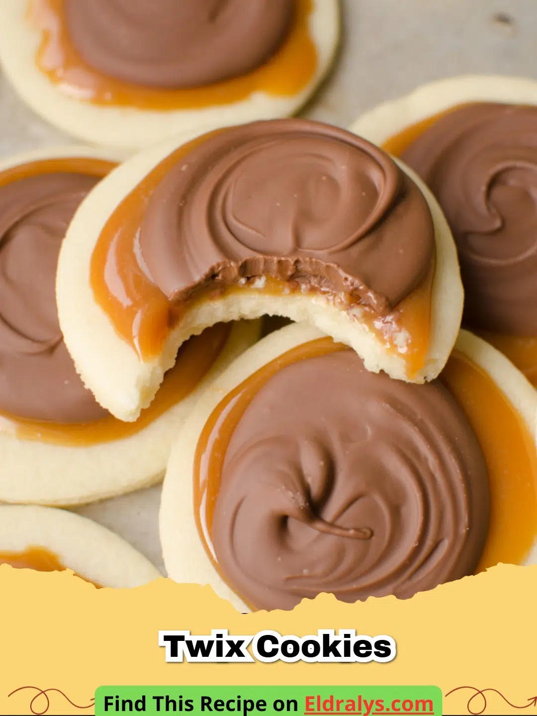 A stack of homemade Twix Cookies with caramel and chocolate layers
